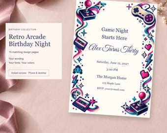 Retro Arcade Birthday Night, Birthday Party Templates, 15 Designs, Edit Online, Digital Download