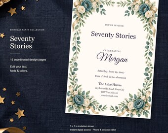Seventy Stories Birthday Templates, Editable Invitation, Matching Signs & Games, 15 Digital Pages