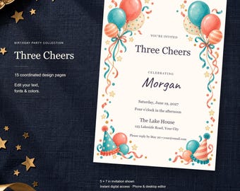 Three Cheers Birthday Templates, Editable Invitation, Matching Signs & Games, 15 Digital Pages