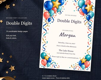 Double Digits Birthday Templates, Editable Invitation, Matching Signs & Games, 15 Digital Pages