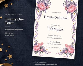 Twenty One Toast Birthday Templates, Editable Invitation, Matching Signs & Games, 15 Digital Pages