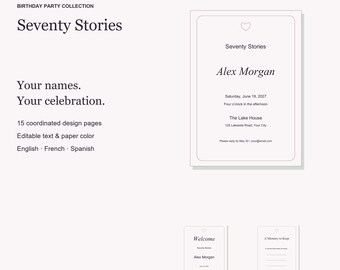 Pacchetto di modelli per feste di compleanno "Settanta storie", inviti modificabili, cartelli e giochi, 15 pagine