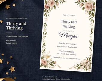 Thirty and Thriving Birthday Templates, Editable Invitation, Matching Signs & Games, 15 Digital Pages