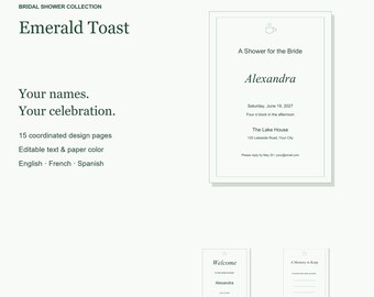 Pacchetto di modelli per addio al nubilato "Emerald Toast", con inviti modificabili, cartelli e giochi, 15 pagine.