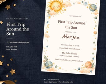 First Trip Around the Sun Birthday Templates, Editable Invitation, Matching Signs & Games, 15 Digital Pages