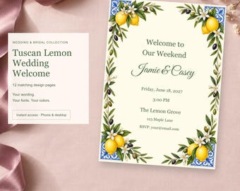 Tuscan Lemon Wedding Welcome, Wedding Welcome Templates, 12 Designs, Edit Online, Digital Download