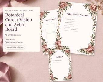 Kit per la creazione di una vision board di carriera: schede stampabili per la definizione degli obiettivi, schede con parole chiave e pagine per la pianificazione delle azioni.