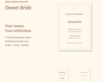 Pacchetto di modelli per addio al nubilato a tema "Sposa nel deserto", con inviti modificabili, cartelli e giochi, 15 pagine.