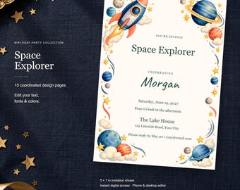 Space Explorer Birthday Templates, Editable Invitation, Matching Signs & Games, 15 Digital Pages