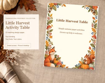 Little Harvest Activity Table, Thanksgiving Kids Activity Worksheets, 12 Designs, Edit Online, Digital Download