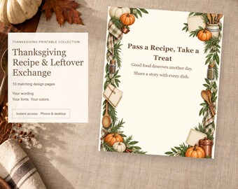 Thanksgiving Recipe & Leftover Exchange, Recipe Cards and Leftover Labels, 10 Designs, Edit Online, Digital Download