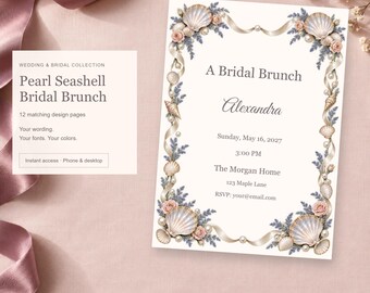 Pearl Seashell Bridal Brunch, Bridal Shower Templates, 12 Designs, Edit Online, Digital Download
