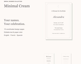 Pacchetto di modelli minimalisti color crema per addio al nubilato, con inviti modificabili, cartelli e giochi, 15 pagine.