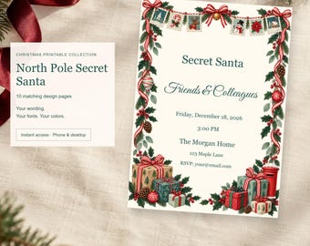 North Pole Secret Santa, Christmas Printable Party Kit, 10 Designs, Edit Online, Digital Download