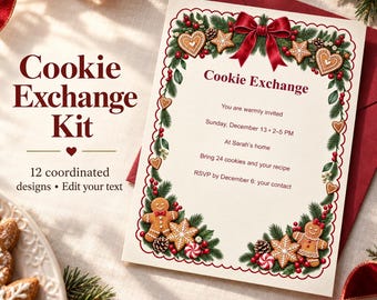 クッキー交換パーティーキット、編集可能なクリスマス招待状、レシピカード、投票用紙と賞状、12種類のデザイン