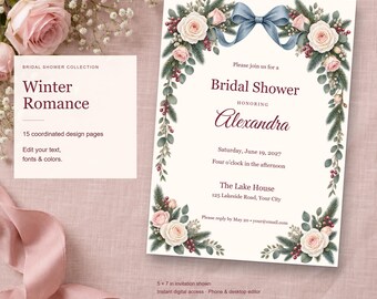 Winter Romance Bridal Shower Templates, Editable Invitation, Matching Signs & Games, 15 Digital Pages