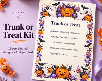 トランク・オア・トリート企画キット、編集可能なハロウィンチラシ、キャンディサイン、ボランティアシート、表彰状、11種類のデザイン