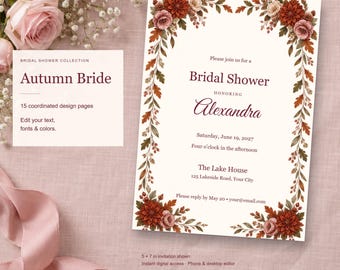 Autumn Bride Bridal Shower Templates, Editable Invitation, Matching Signs & Games, 15 Digital Pages