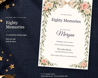 Eighty Memories Birthday Templates, Editable Invitation, Matching Signs & Games, 15 Digital Pages