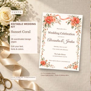 May include: A wedding invitation template featuring coral floral illustrations and a ribbon motif. The text reads: Please join us for a Wedding Celebration honoring Alexandra & Jordan, Saturday, June 19, 2027, at The Lake House, 125 Lakeside Road.