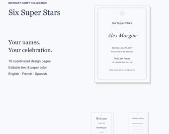 Pacchetto di modelli per il compleanno a tema "Sei Super Stelle", con inviti modificabili, cartelli e giochi, 15 pagine.