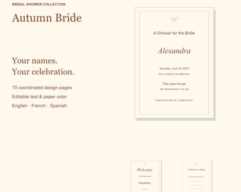 Pacchetto di modelli per addio al nubilato a tema "Sposa d'autunno", con inviti modificabili, cartelli e giochi, 15 pagine.