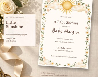 Little Sunshine Baby Shower Templates, Editable Invitation, Matching Signs & Games, 16 Digital Pages