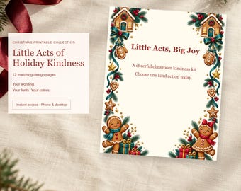 Little Acts of Holiday Kindness, Classroom Kindness Activity Printables, 12 Designs, Edit Online, Digital Download