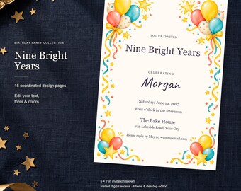 Nine Bright Years Birthday Templates, Editable Invitation, Matching Signs & Games, 15 Digital Pages