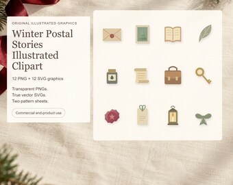 Clipart postali invernali: 12 PNG trasparenti, SVG con immagini incorporate e 2 motivi stampabili