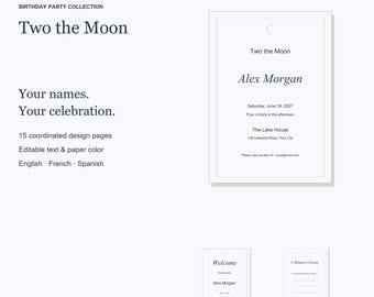 Pacchetto di modelli per il compleanno a tema "Due Luna", con inviti modificabili, cartelli e giochi, 15 pagine.