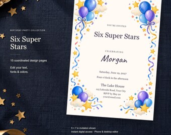Six Super Stars Birthday Templates, Editable Invitation, Matching Signs & Games, 15 Digital Pages