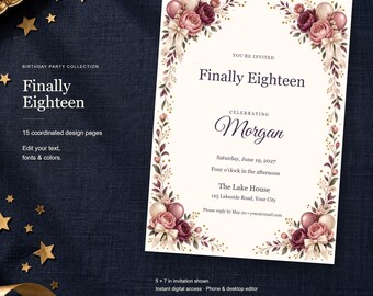 Finally Eighteen Birthday Templates, Editable Invitation, Matching Signs & Games, 15 Digital Pages
