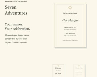 Pacchetto di modelli per feste di compleanno a tema "Sette Avventure", con inviti modificabili, cartelli e giochi, 15 pagine.