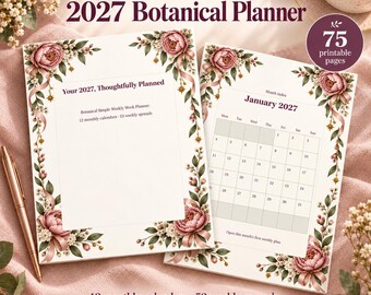 2027 Weekly Work Planner: Botanical Printable PDF, Linked Calendar and 53 Monday-Start Weeks