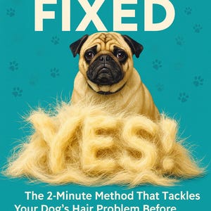 Może przedstawiać: Mops siedzi przed stosem sierści w kształcie słowa "YES!". Obrazek zawiera tekst "Dog Shedding FIXED" na górze i "Your Shedding Coach" na dole, z dodatkowym tekstem pomiędzy.