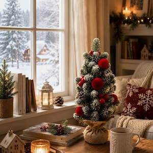 May include: A small artificial Christmas tree with snow-dusted needles, decorated with red ornaments and pinecones, set in a burlap-wrapped base. The tree sits on a wooden table alongside a white ceramic mug and a wooden tray with a small house figurine.