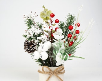 Christmas Table Centerpiece Winter Floral Arrangement, Artificial Pine Berry Decor, Rustic Holiday Desk Decor, Small Christmas Arrangement