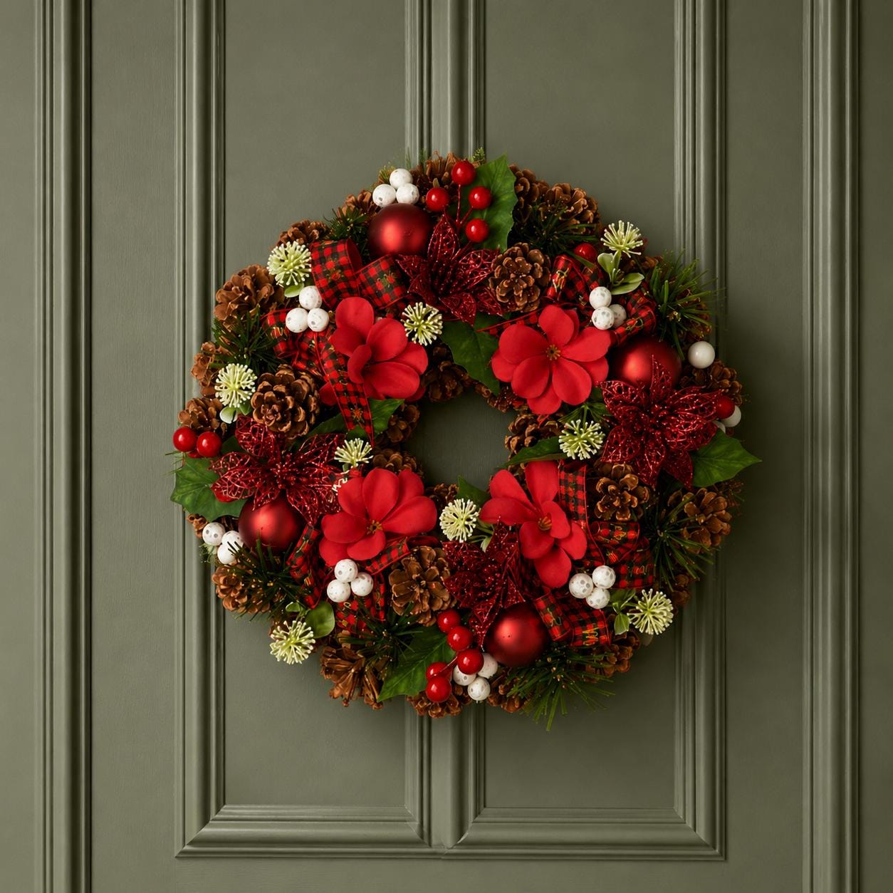 34 Space-Saving Christmas Decor Ideas for Apartments 12 12" Red Christmas Wreath, Pinecones and Berries, Holiday Door Decor