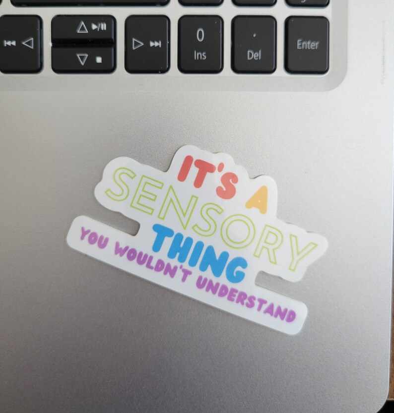 May include: A colorful sticker with the text "It's a Sensory Thing You Wouldn't Understand". The text is outlined in a rainbow color scheme.