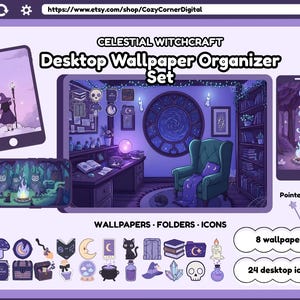 Celestial Witchcraft desktop wallpapers icons purple desktop organizer witchy kawaii background windows mac magic mystic moon goth pack image 1
