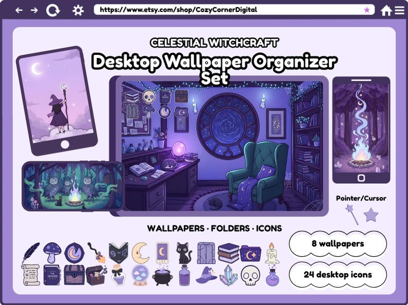 Celestial Witchcraft desktop wallpapers icons purple desktop organizer witchy kawaii background windows mac magic mystic moon goth pack image 1