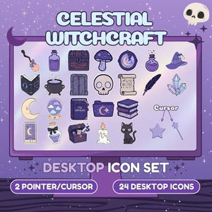May include: A purple desktop monitor displays a set of 24 celestial witchcraft-themed desktop icons. Icons include a witch's hat, potion bottles, a skull, a black cat, and a crescent moon. The text "CELESTIAL WITCHCRAFT" and "DESKTOP ICON SET" are also displayed.