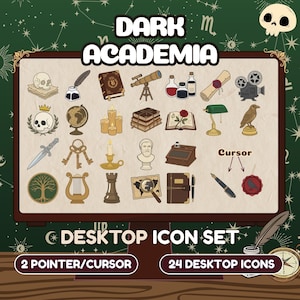 Paquete de iconos de escritorio de estilo Dark Academia, cursores góticos, carpetas vintage (Windows/Mac)