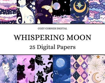 Papeles digitales Luna Susurrante 25 / Magia Mística de Gatito / Para diario y scrapbooking / Imprimibles de 30x30 cm / Marcapáginas
