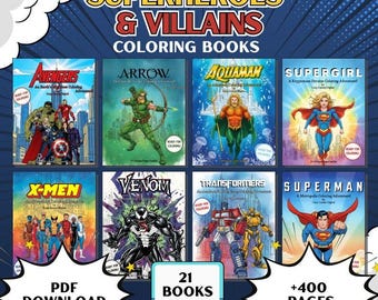 SUPERHELDEN & SCHURKEN 21 Kleurboeken, helden, actie, komische stijl, gemakkelijk vet, 400+ pagina's, schurken