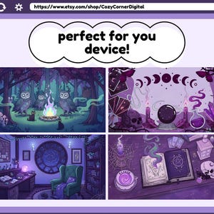May include: A digital art print featuring four mystical scenes. The top left shows owls around a campfire. The top right depicts a crystal ball and candles. The bottom left shows a room with a desk and armchair. The bottom right shows spell books. Text reads "perfect for you device!"