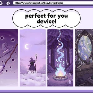 May include: A digital art print featuring four vertical panels with a witchy theme. The panels depict a witch's hat and broom, a witch on a cloud, a magical campfire, and a vanity with a mirror. The text "perfect for you device!" is at the top.