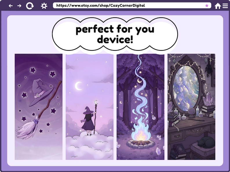 May include: A digital art print featuring four vertical panels with a witchy theme. The panels depict a witch's hat and broom, a witch on a cloud, a magical campfire, and a vanity with a mirror. The text "perfect for you device!" is at the top.