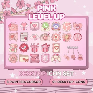 May include: A pink desktop icon set with 24 icons and 3 cursors. The icons include hearts, a camera, a video player, and a game controller. The words "PINK LEVEL UP" and "DESKTOP ICON SET" are displayed on the screen. The background is pink with cherry blossom branches.